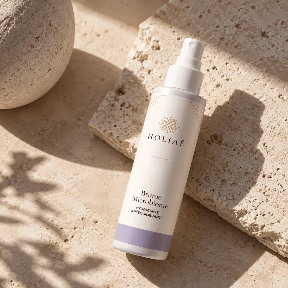 Brume Visage Microbiome Hydratante & Rééquilibrante HOLIAĒ en mise en scène éditoriale sur travertin