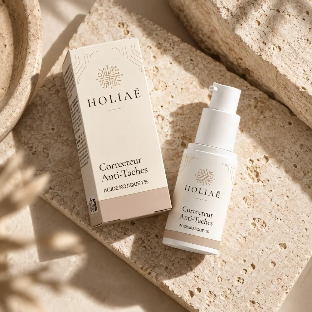Correcteur Anti-Taches à l’Acide Kojique 1 % HOLIAĒ en mise en scène éditoriale sur travertin