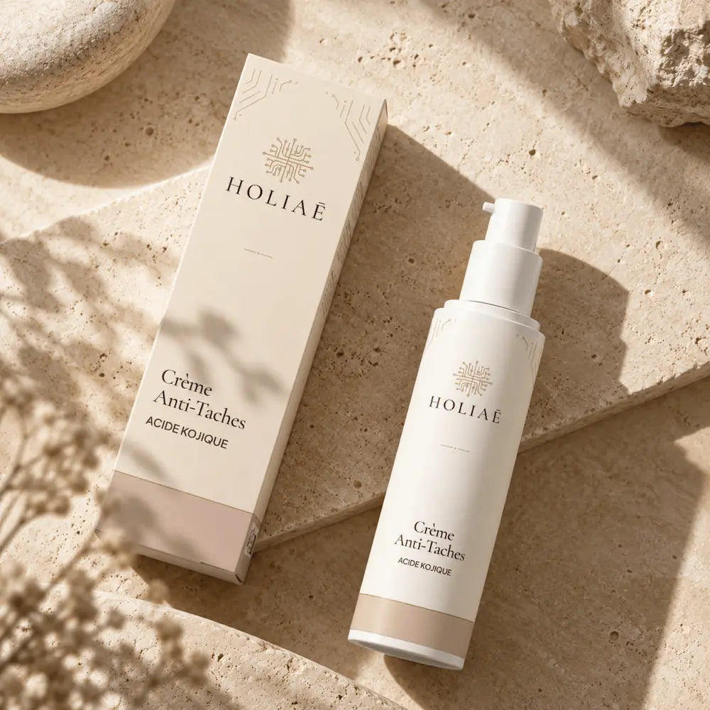 Crème Anti-Taches à l’Acide Kojique HOLIAĒ en mise en scène éditoriale sur travertin