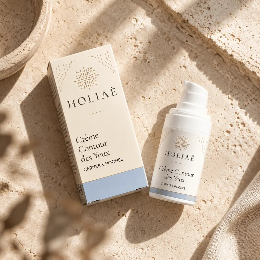 Crème Contour des Yeux Anti-Cernes & Poches HOLIAĒ en mise en scène éditoriale sur travertin
