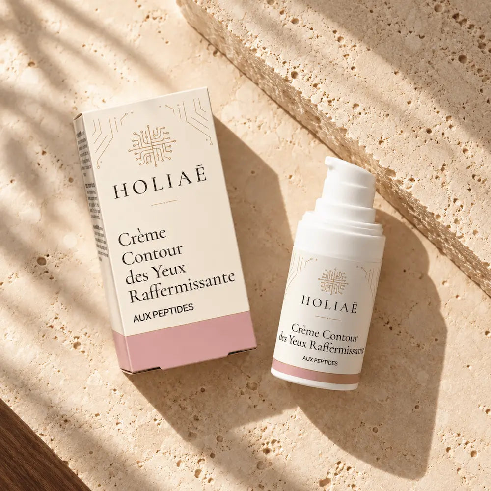 Crème Contour des Yeux Raffermissante aux Peptides HOLIAĒ en mise en scène éditoriale sur travertin