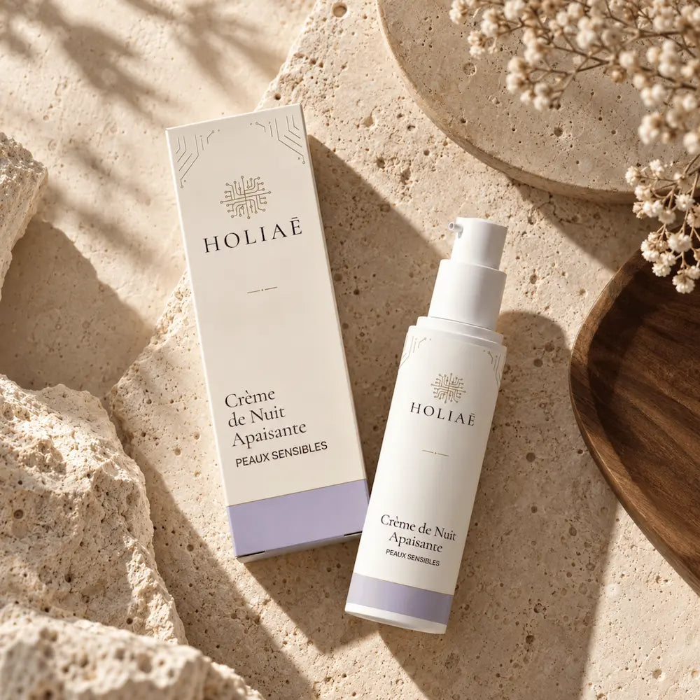 Crème de Nuit Apaisante Peaux Sensibles HOLIAĒ en mise en scène éditoriale sur travertin