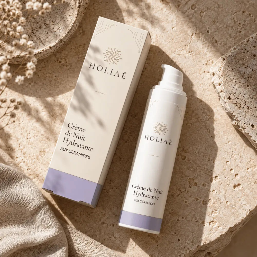 Crème de Nuit Visage aux Céramides HOLIAĒ en mise en scène éditoriale sur travertin