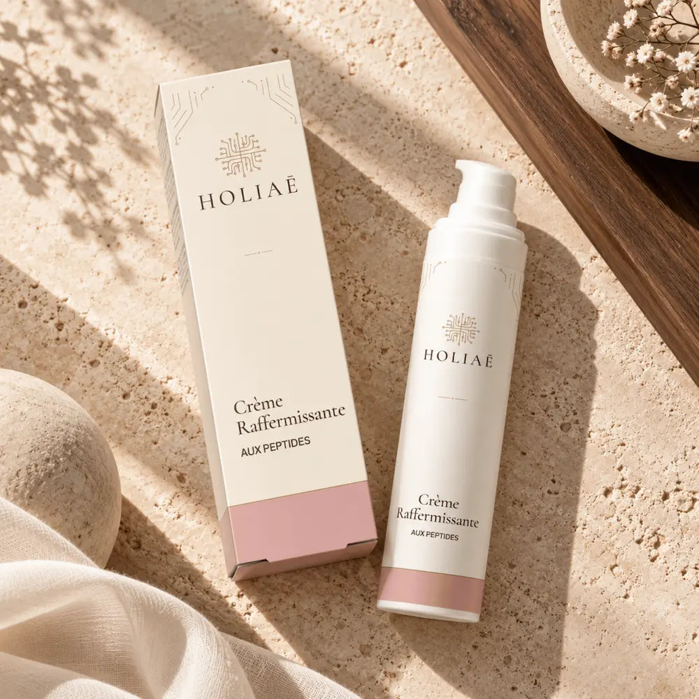 Crème Raffermissante aux Peptides HOLIAĒ en mise en scène éditoriale sur travertin