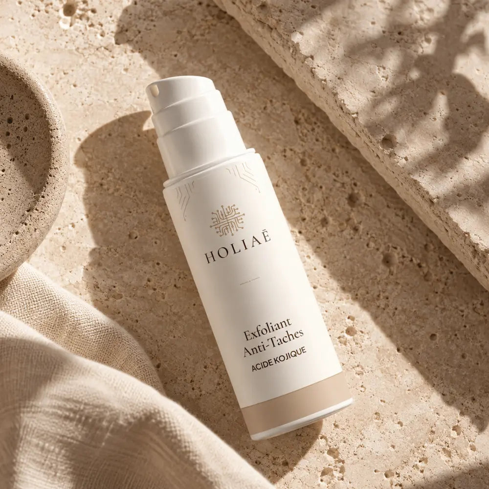 Exfoliant Anti-Taches à l’Acide Kojique HOLIAĒ en mise en scène éditoriale sur travertin