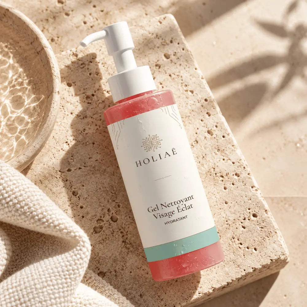 Gel Nettoyant Visage Hydratant & Éclat HOLIAĒ en mise en scène éditoriale sur travertin