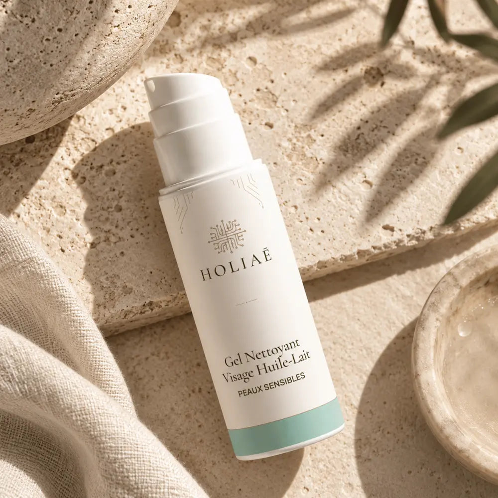 Gel Nettoyant Visage Peaux Sensibles Huile-Lait HOLIAĒ en mise en scène éditoriale sur travertin