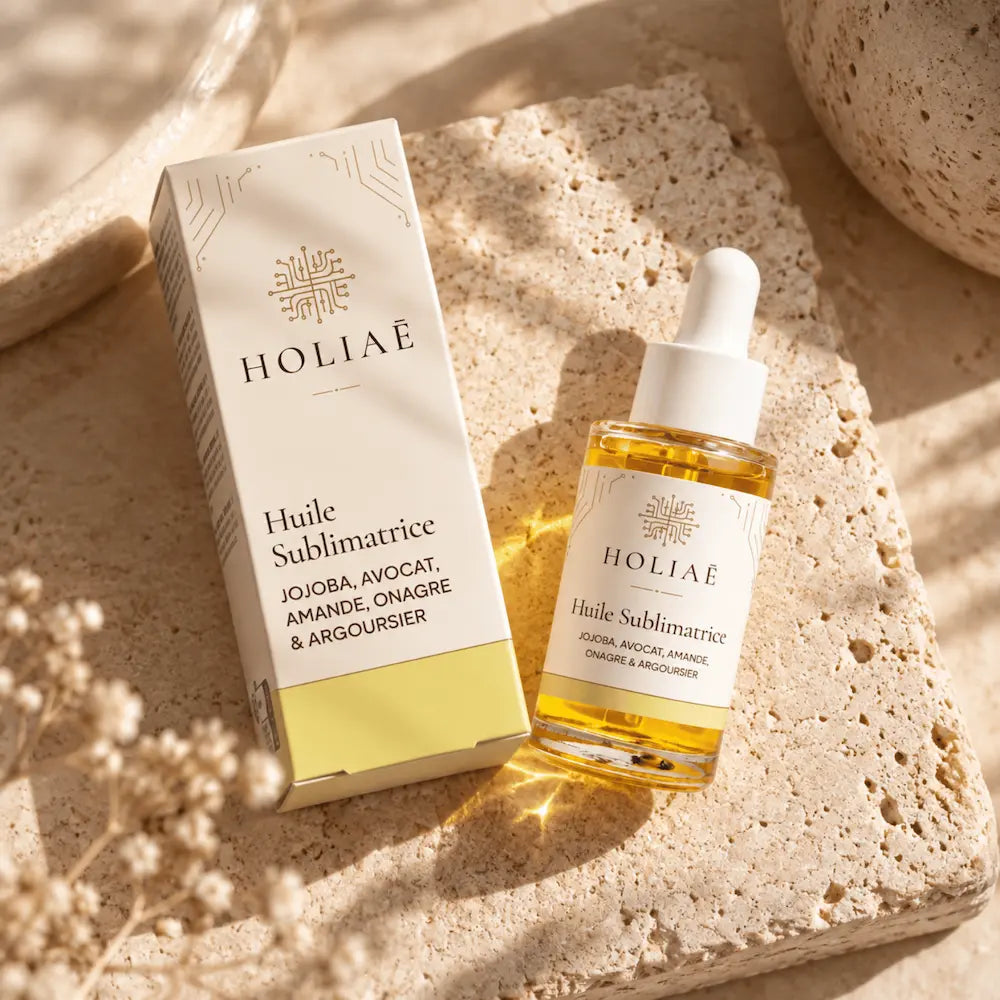 Huile Visage Hydratante & Sublimatrice HOLIAĒ en mise en scène éditoriale sur travertin