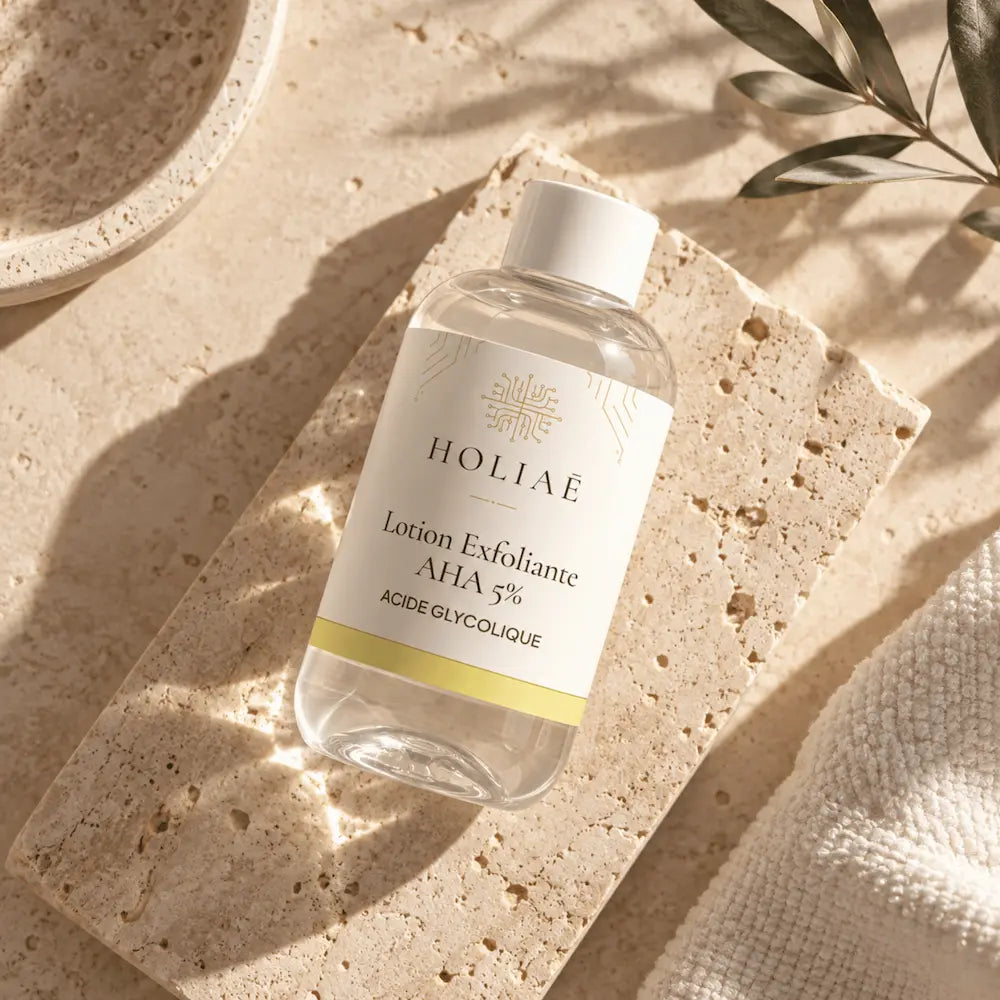 Lotion Exfoliante à l’Acide Glycolique AHA 5 % HOLIAĒ en mise en scène éditoriale sur travertin
