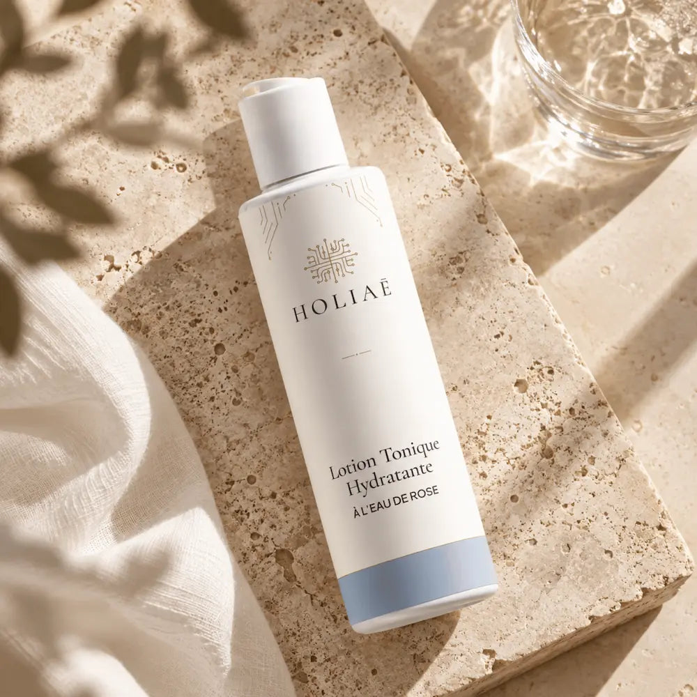 Lotion Tonique Hydratante à l’Eau de Rose HOLIAĒ en mise en scène éditoriale sur travertin