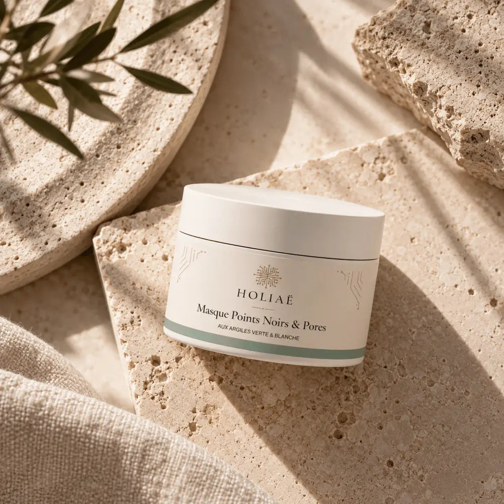 Masque Visage aux Argiles Verte & Blanche HOLIAĒ en mise en scène éditoriale sur travertin