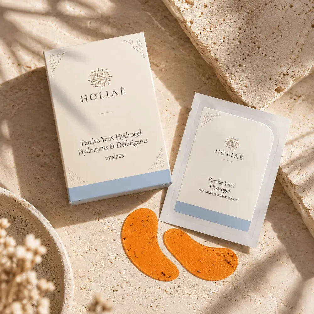 Patchs Yeux Hydrogel Défatigants HOLIAĒ en mise en scène éditoriale sur travertin