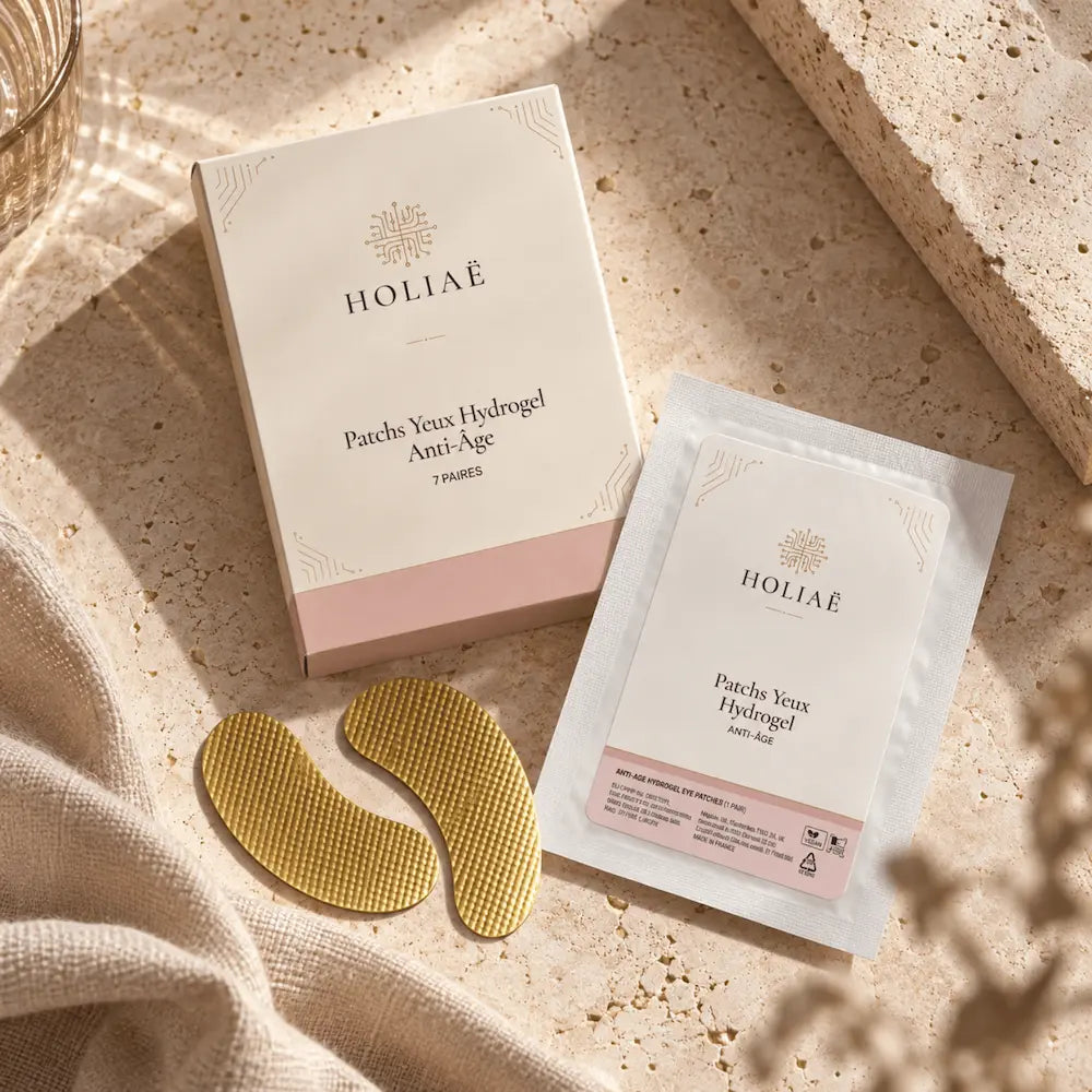Patchs Yeux Hydrogel Hydratants & Lissants HOLIAĒ en mise en scène éditoriale sur travertin