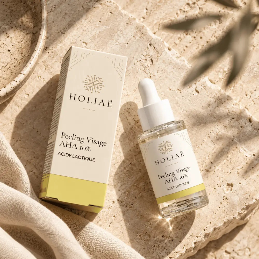 Peeling Visage AHA 10% à l’Acide Lactique HOLIAĒ en mise en scène éditoriale sur travertin