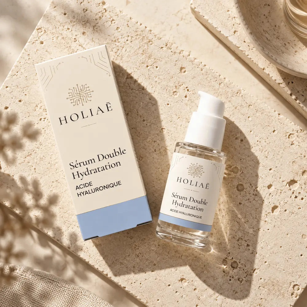Sérum Acide Hyaluronique Double Hydratation HOLIAĒ en mise en scène éditoriale sur travertin