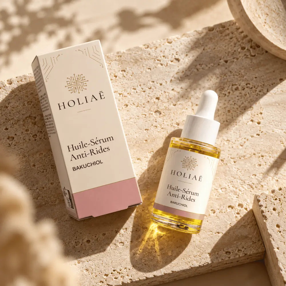 Sérum Bakuchiol Anti-Rides HOLIAĒ en mise en scène éditoriale sur travertin