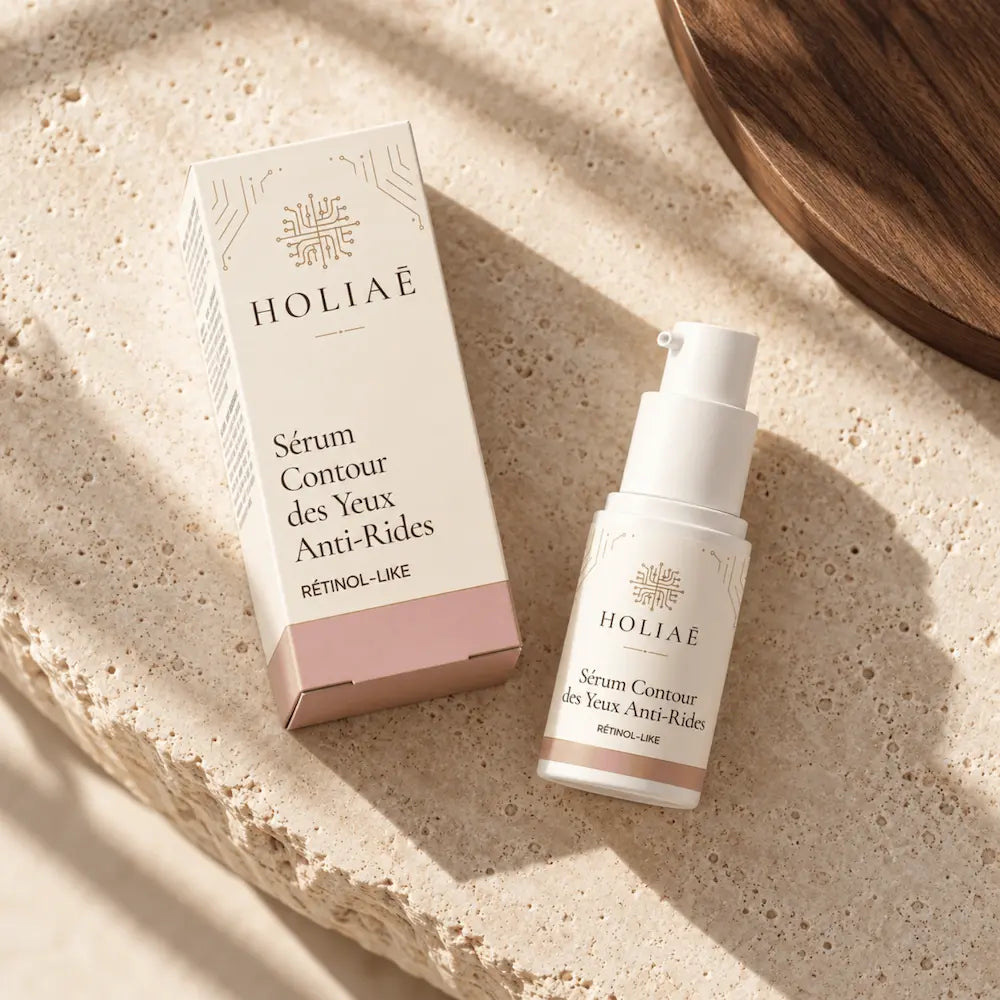 Sérum Contour des Yeux Anti-Rides Rétinol-Like HOLIAĒ en mise en scène éditoriale sur travertin