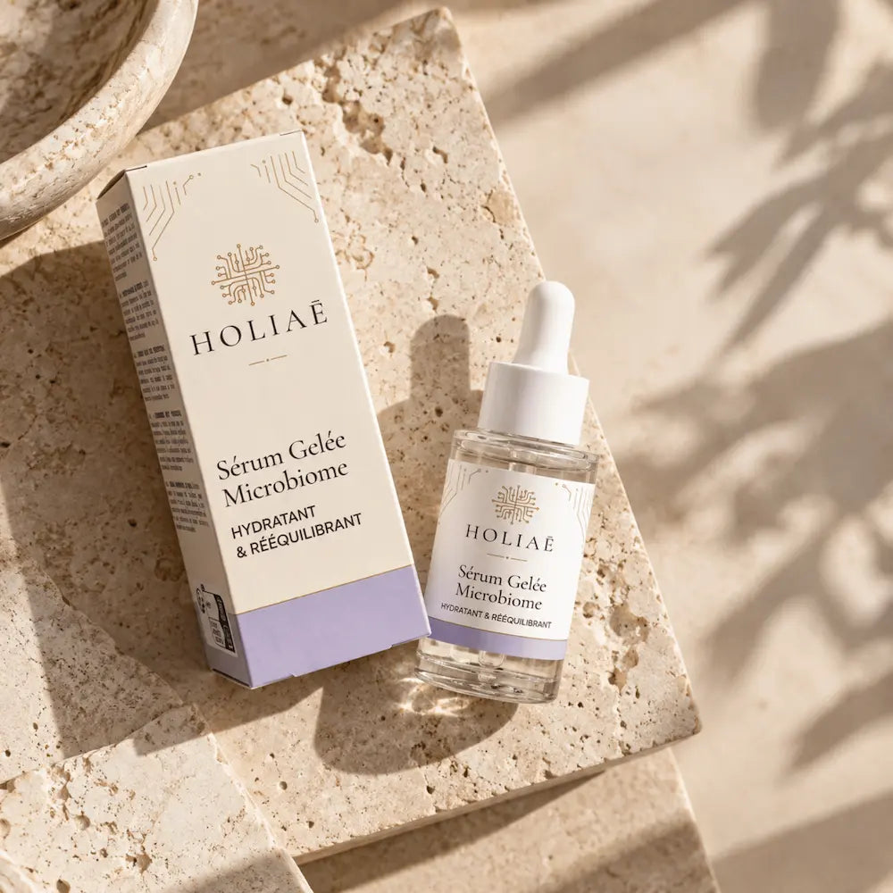 Sérum Microbiome Hydratant & Rééquilibrant HOLIAĒ en mise en scène éditoriale sur travertin