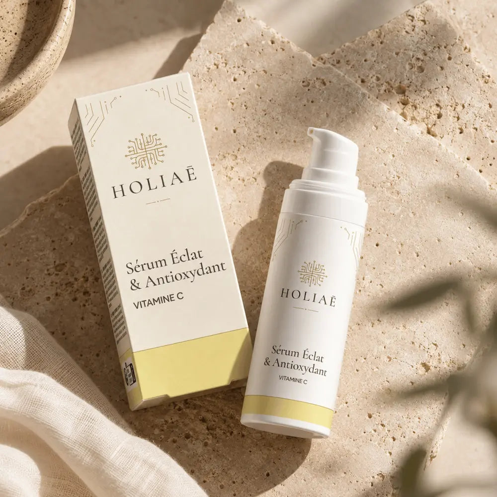 Sérum Vitamine C Éclat & Antioxydant HOLIAĒ en mise en scène éditoriale sur travertin