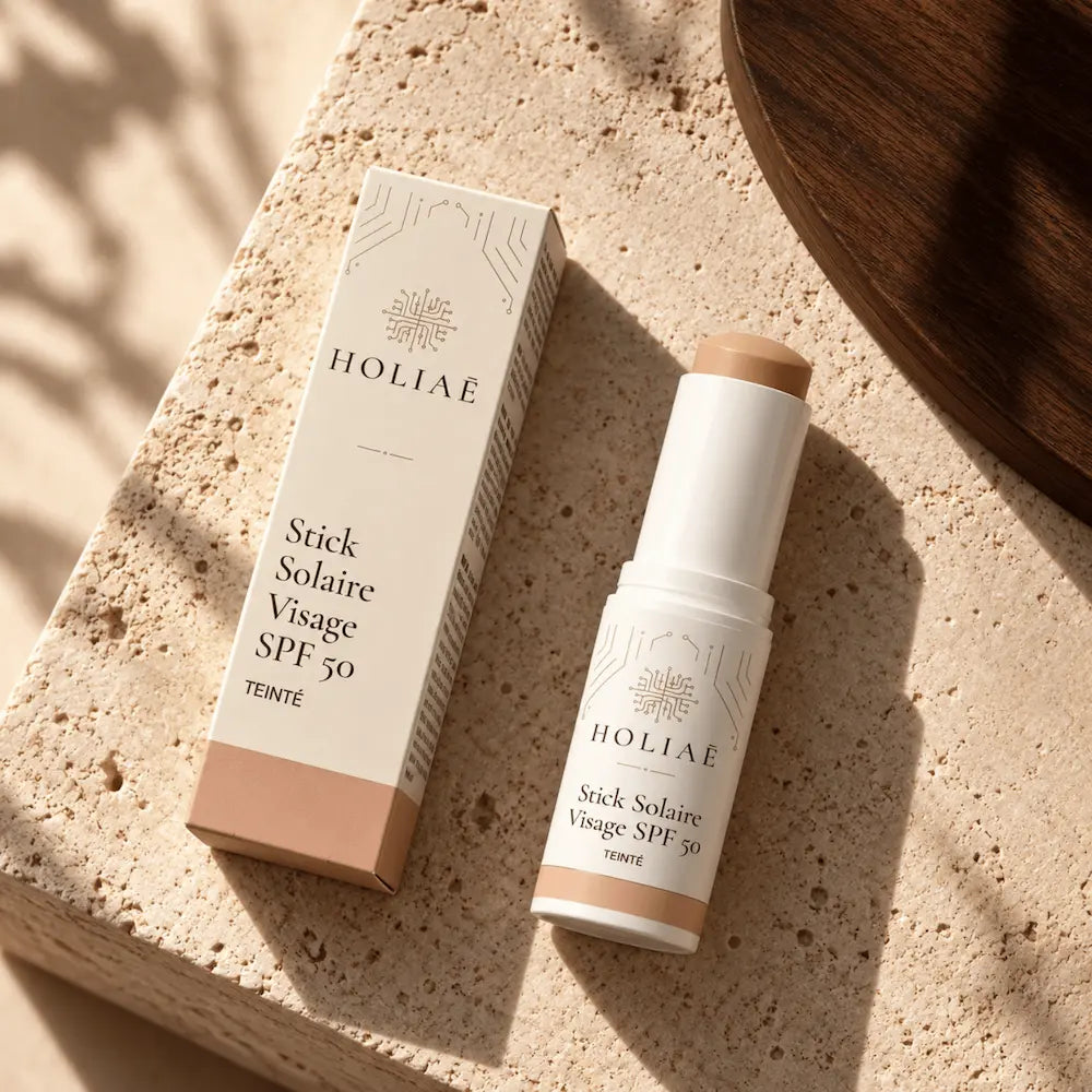 Stick Solaire Visage SPF50 Teinté HOLIAĒ en mise en scène éditoriale sur travertin