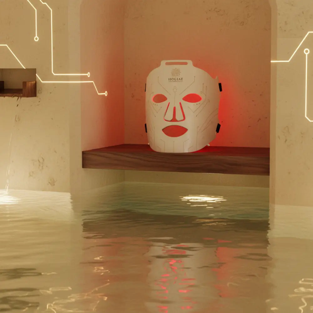 Masque LED Holiaē éclairé en rouge posé dans une niche spa au-dessus d’un bassin, circuits lumineux dorés, ambiance premium.