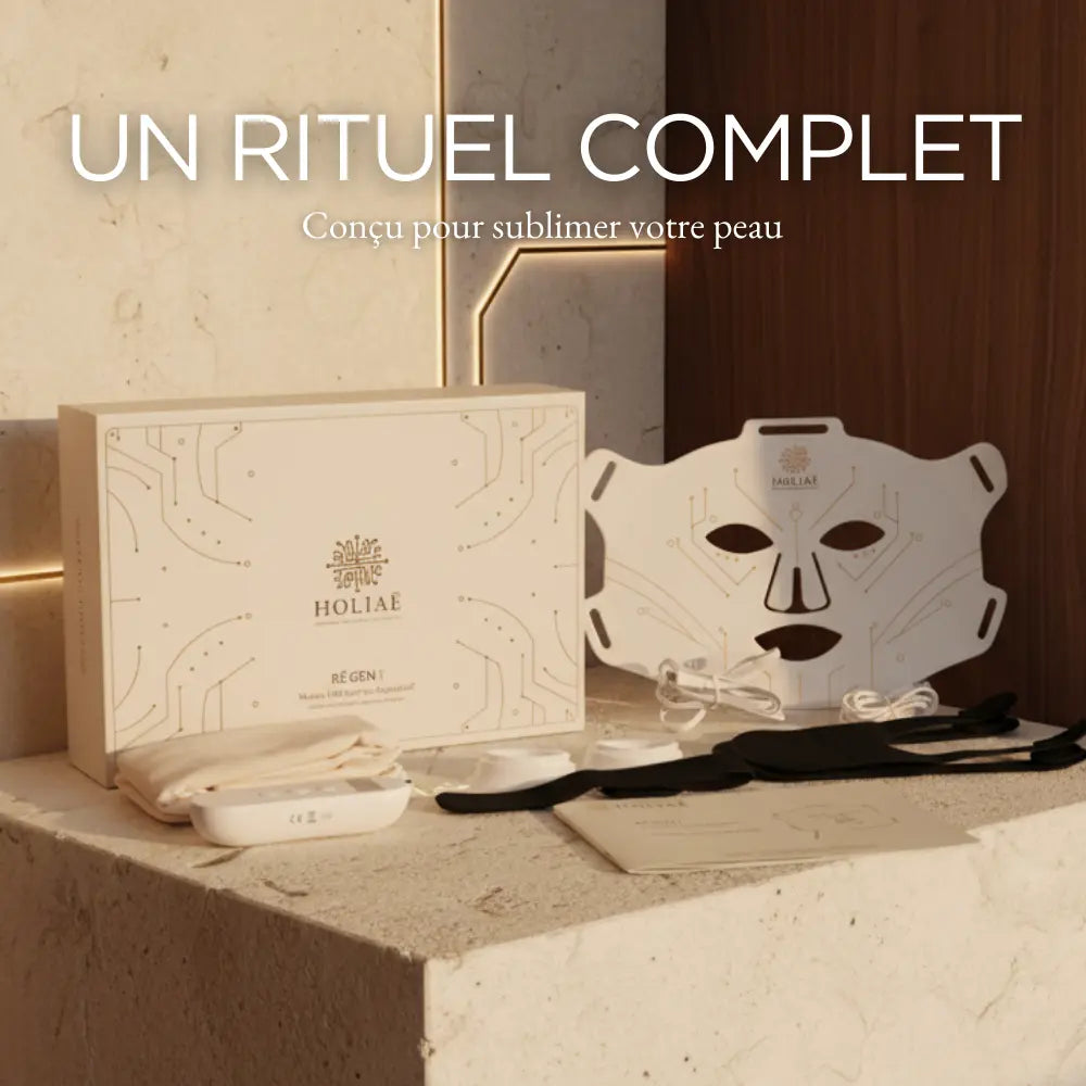 Contenu complet du masque LED RE:GEN I : masque, télécommande, câbles, protections oculaires, sangles, pochette et notice, présentés dans l’univers spa-tech Holiaē.