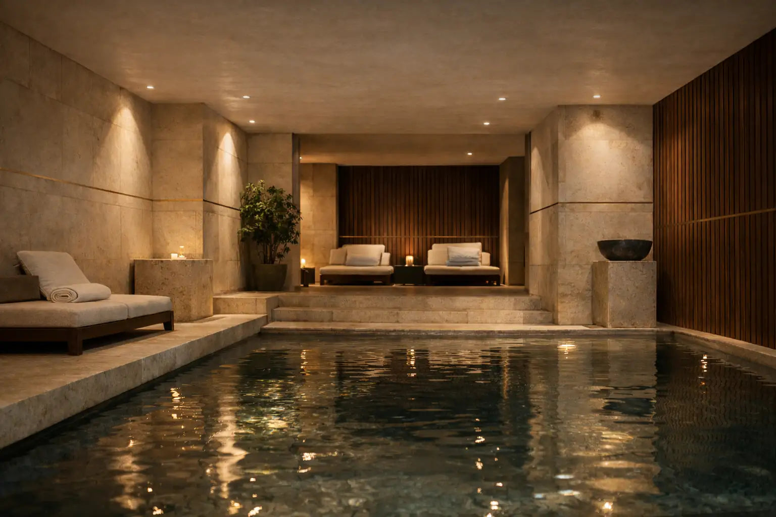Bougie allumée et serviettes pliées dans une salle de bain au ton chaud, créant une ambiance spa apaisante inspirée de l’univers Holiaē.
