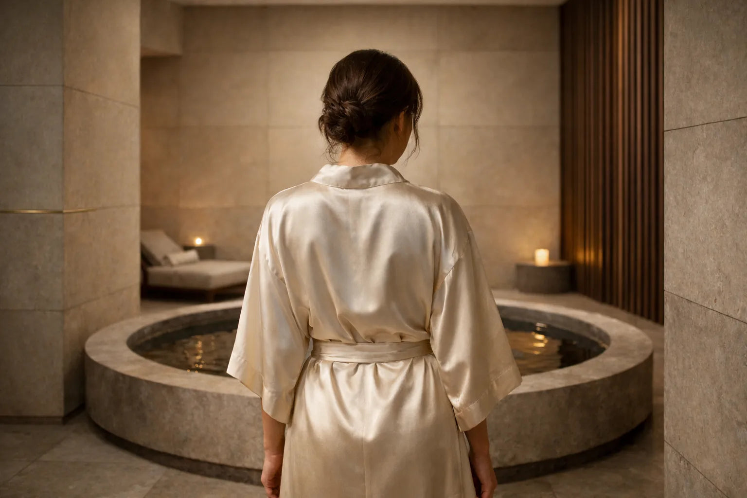 Femme en peignoir dans un spa à la lumière dorée, entourée de bougies et d’un bassin, illustrant l’univers bien-être et régénérant de Holiaē.