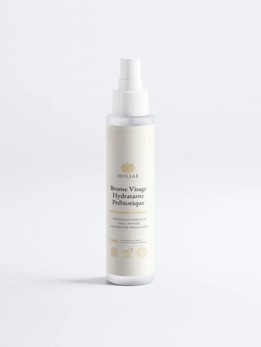 Brume hydratante visage Holiaē en format spray, soin prébiotique pour rééquilibrer et rafraîchir la peau.