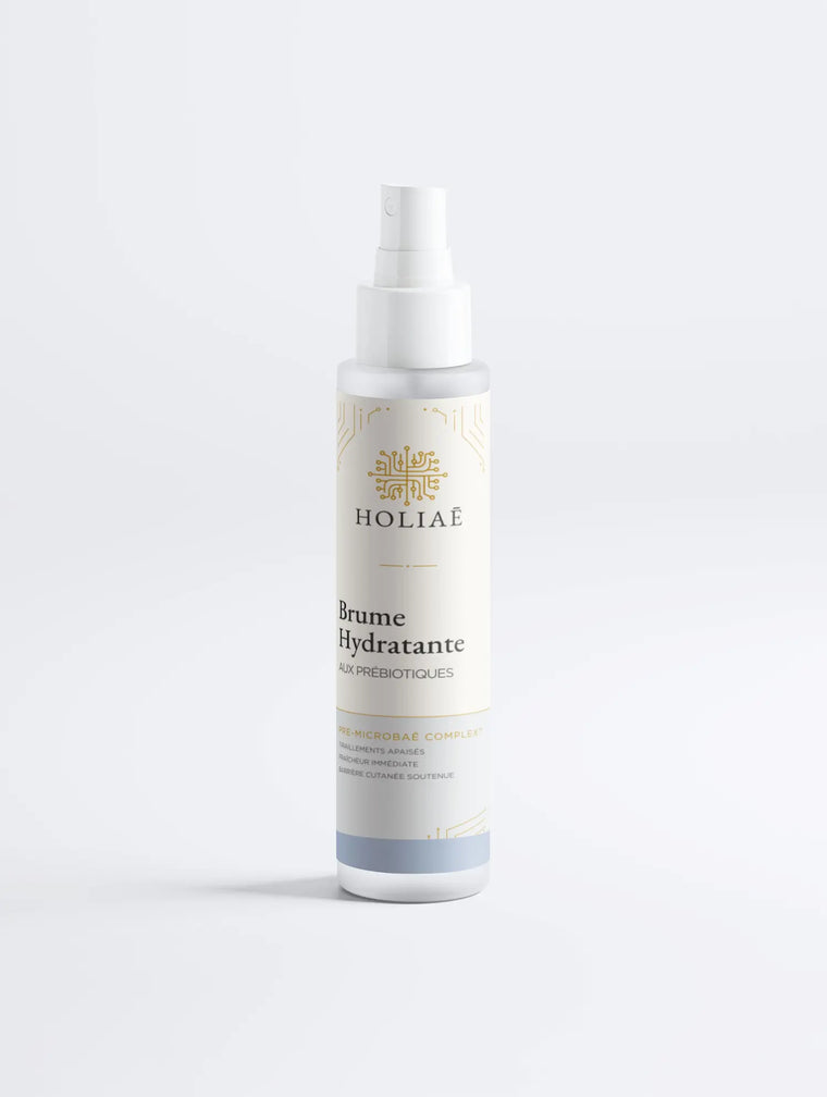 Brume hydratante visage Holiaē en format spray, soin prébiotique pour rééquilibrer et rafraîchir la peau.