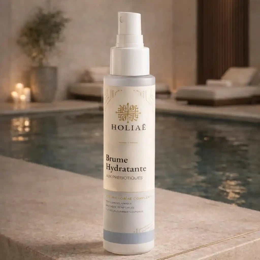 Brume hydratante visage Holiaē dans un spa luxueux pour hydratation intense