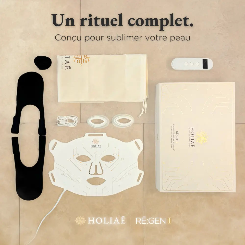Coffret complet du masque LED Holiaē RĒ:GEN I avec ses accessoires premium : télécommande, sangles, câbles, pochette et garantie 2 ans.