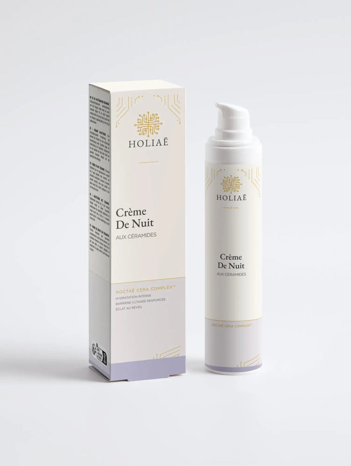 Crème de nuit anti âge Holiaē avec étui, présentée sur fond blanc, version packshot premium.