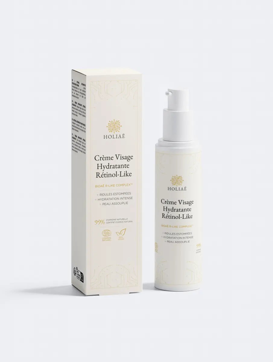 Crème retinol Holiaē – packshot du soin hydratant Rétinol-Like Bioaē R-Like Complex, flacon et étui, crème anti-rides douce pour peau sensible.
