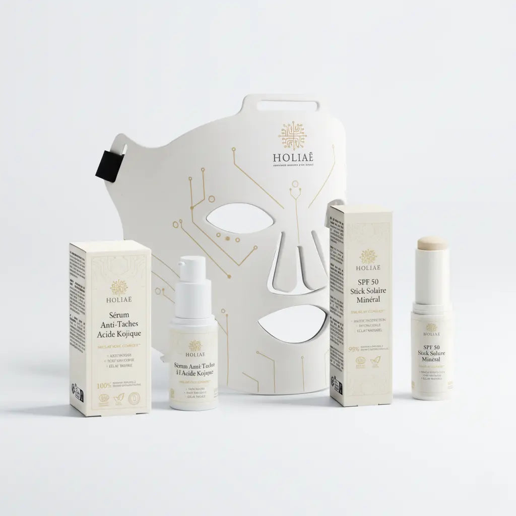 Cure LED ciblée anti-taches combinant masque LED et soins essentiels pour améliorer l’uniformité et la régularité du teint.