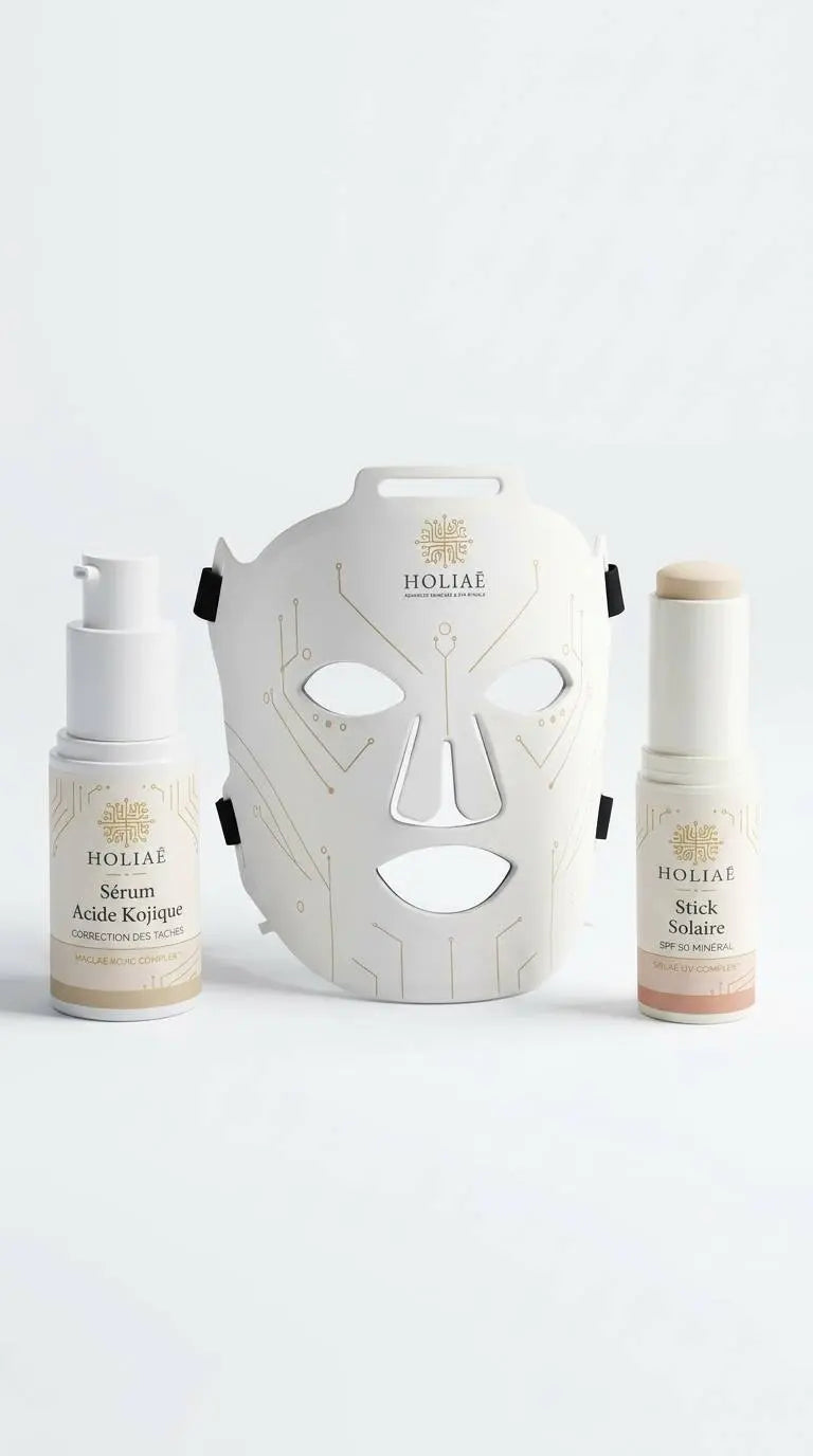 Cure LED ciblée anti-taches combinant masque LED et soins essentiels pour améliorer l’uniformité et la régularité du teint.