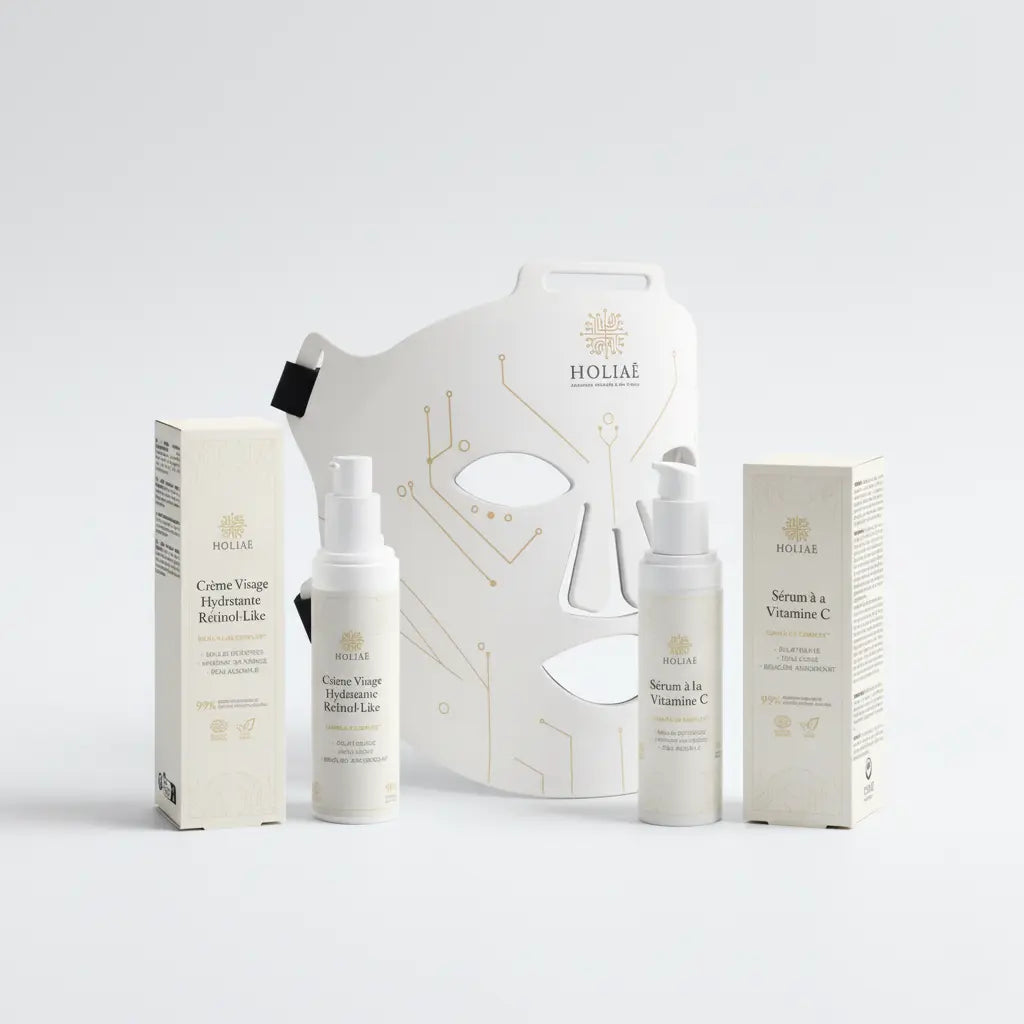 Cure LED ciblée pour raviver l’éclat et améliorer la luminosité du teint, avec masque LED et soins essentiels complémentaires.