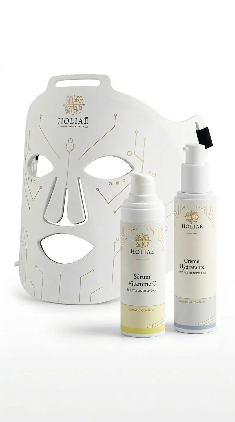 Cure LED ciblée pour raviver l’éclat et améliorer la luminosité du teint, avec masque LED et soins essentiels complémentaires.