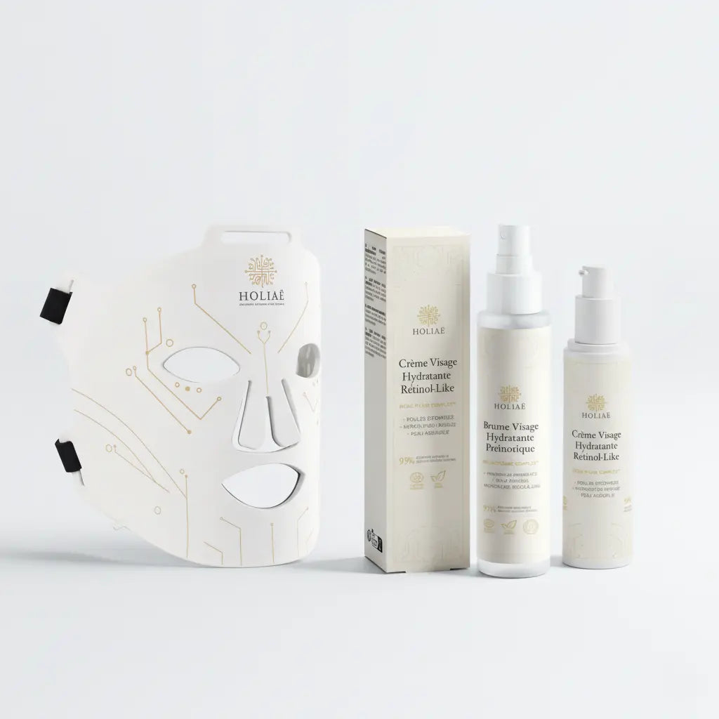 Cure LED ciblée hydratante combinant masque LED et soins essentiels pour restaurer le confort et l’équilibre de la peau.