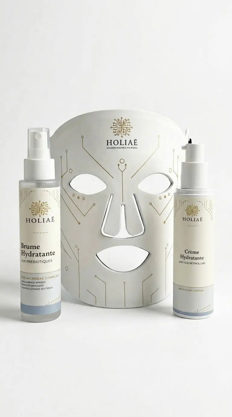 Cure LED ciblée hydratante combinant masque LED et soins essentiels pour restaurer le confort et l’équilibre de la peau.
