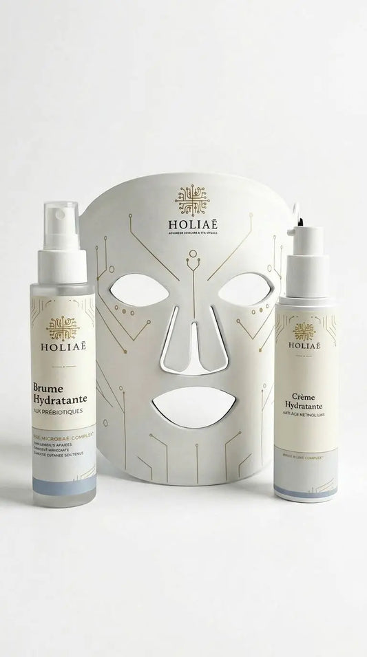 Cure LED ciblée hydratante combinant masque LED et soins essentiels pour restaurer le confort et l’équilibre de la peau.