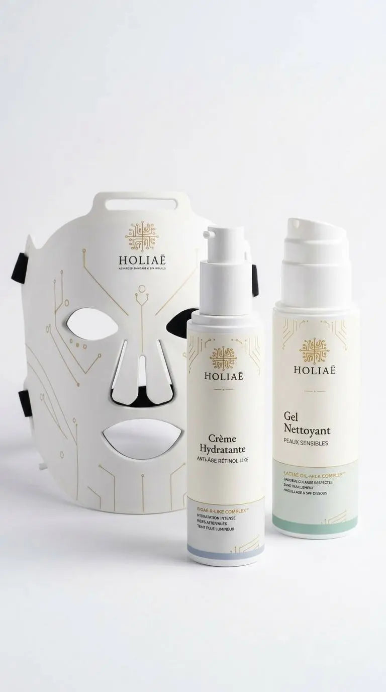 Cure LED ciblée pour imperfections, pores visibles et excès de sébum, associant masque LED et soins essentiels du visage.
