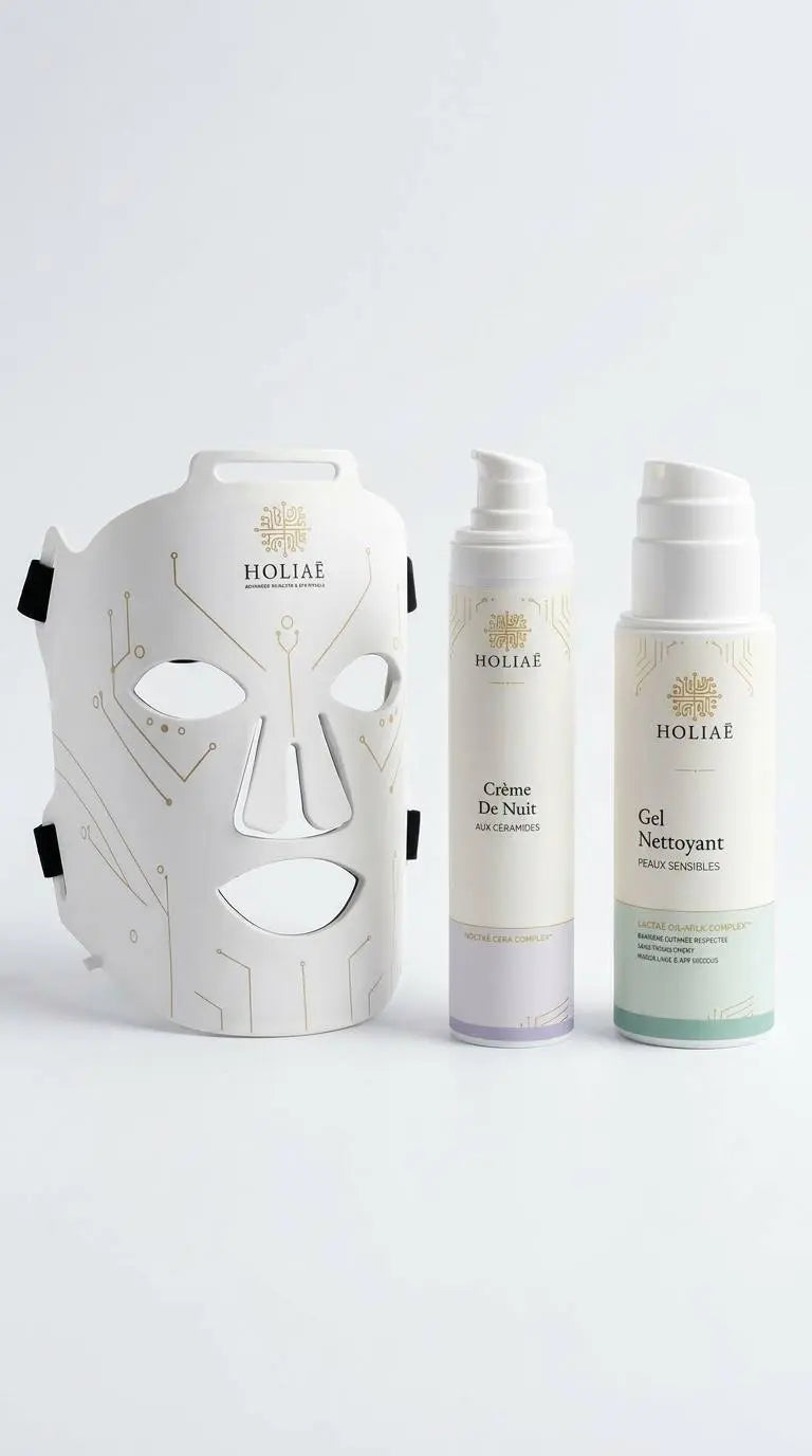 Cure LED ciblée pour peau sensible et réactive, associant masque LED et soins doux pour apaiser et renforcer le confort cutané.