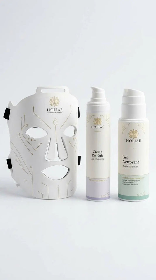 Cure LED ciblée pour peau sensible et réactive, associant masque LED et soins doux pour apaiser et renforcer le confort cutané.