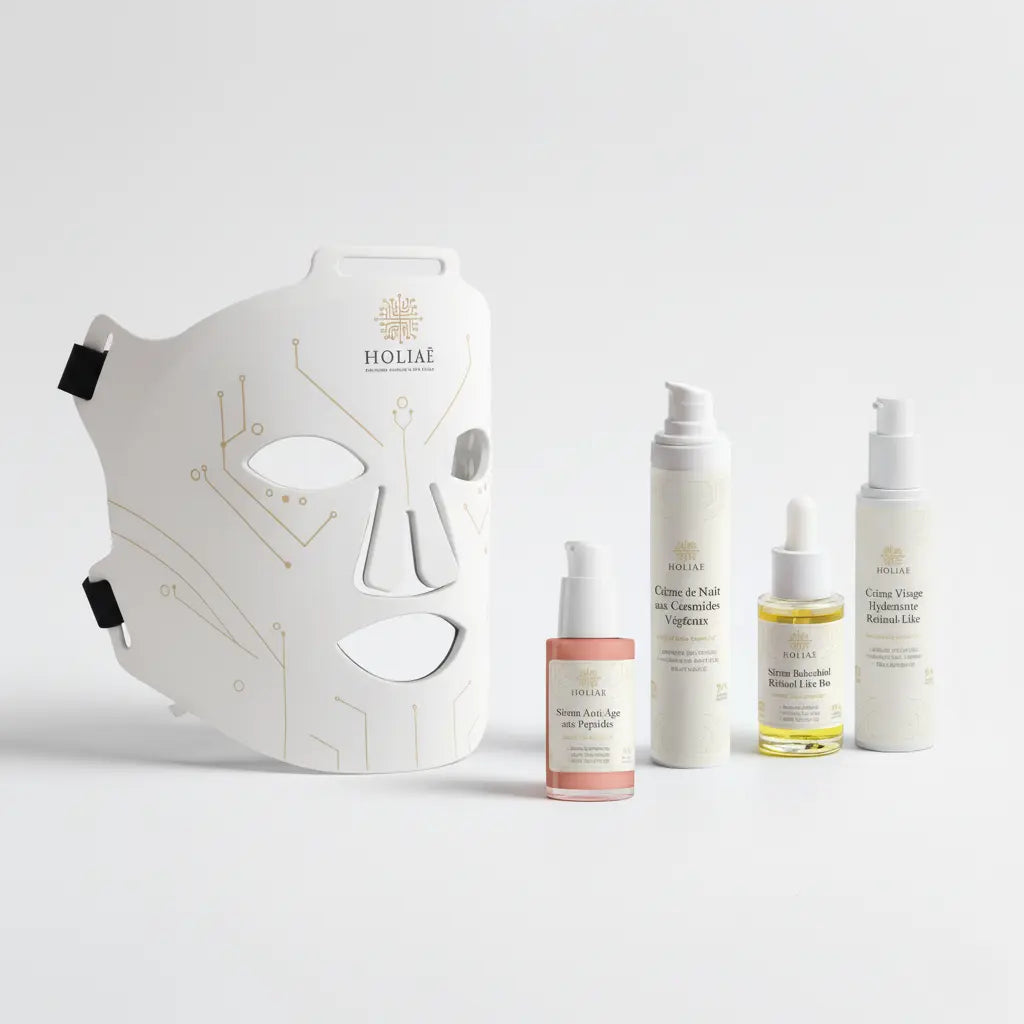 Cure LED intensive anti-âge et fermeté combinant un masque LED et une routine complète de soins visage pour raffermir la peau et lisser les signes de l’âge.