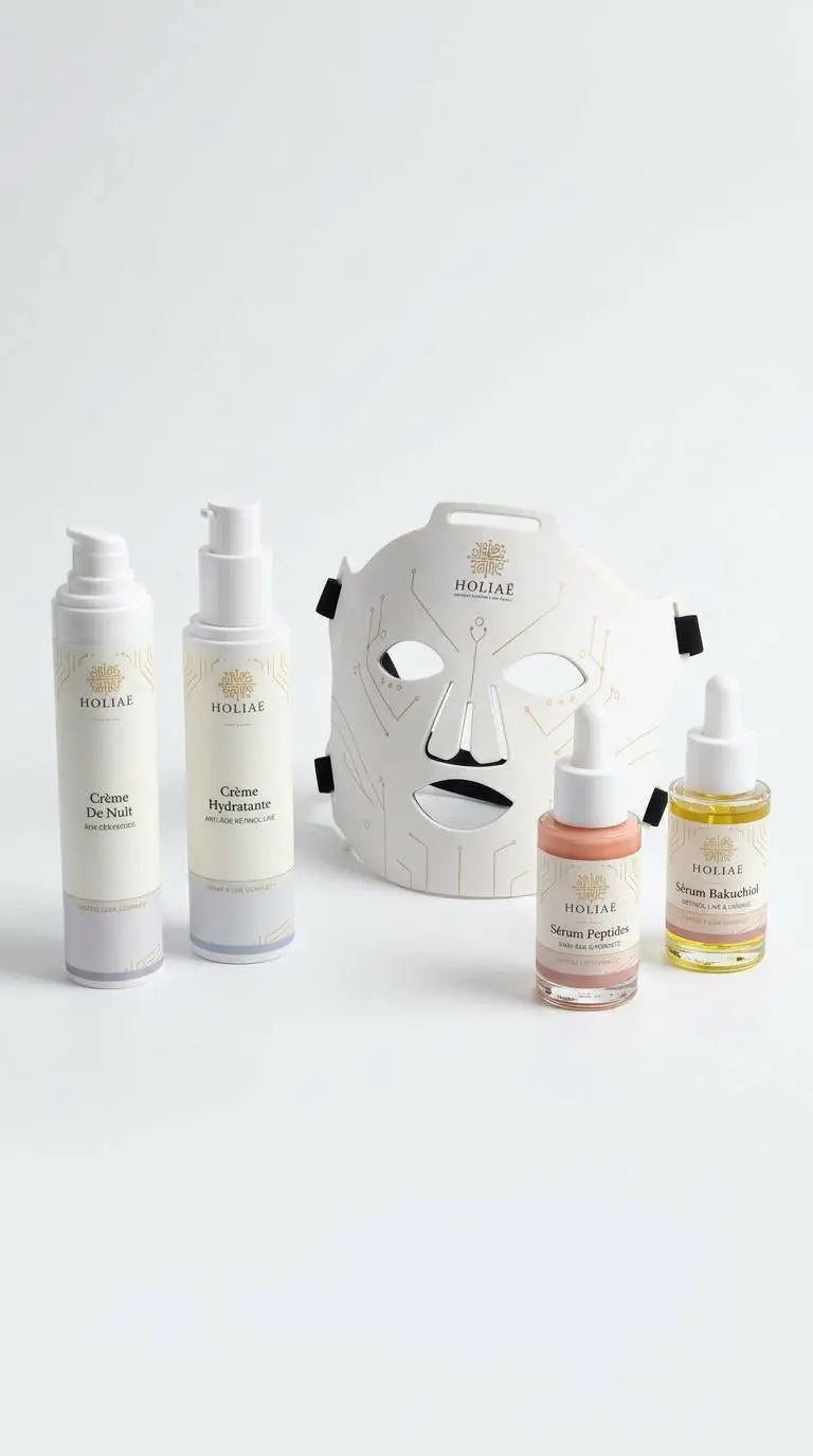 Cure LED intensive anti-âge et fermeté combinant un masque LED et une routine complète de soins visage pour raffermir la peau et lisser les signes de l’âge.