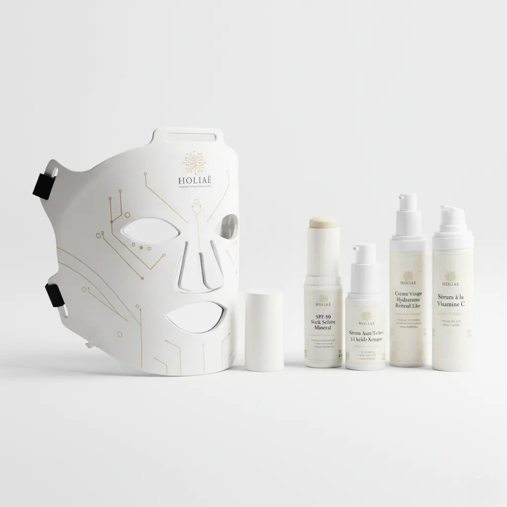 Cure LED intensive anti-taches combinant masque LED et routine complète pour améliorer l’uniformité et la régularité du teint.