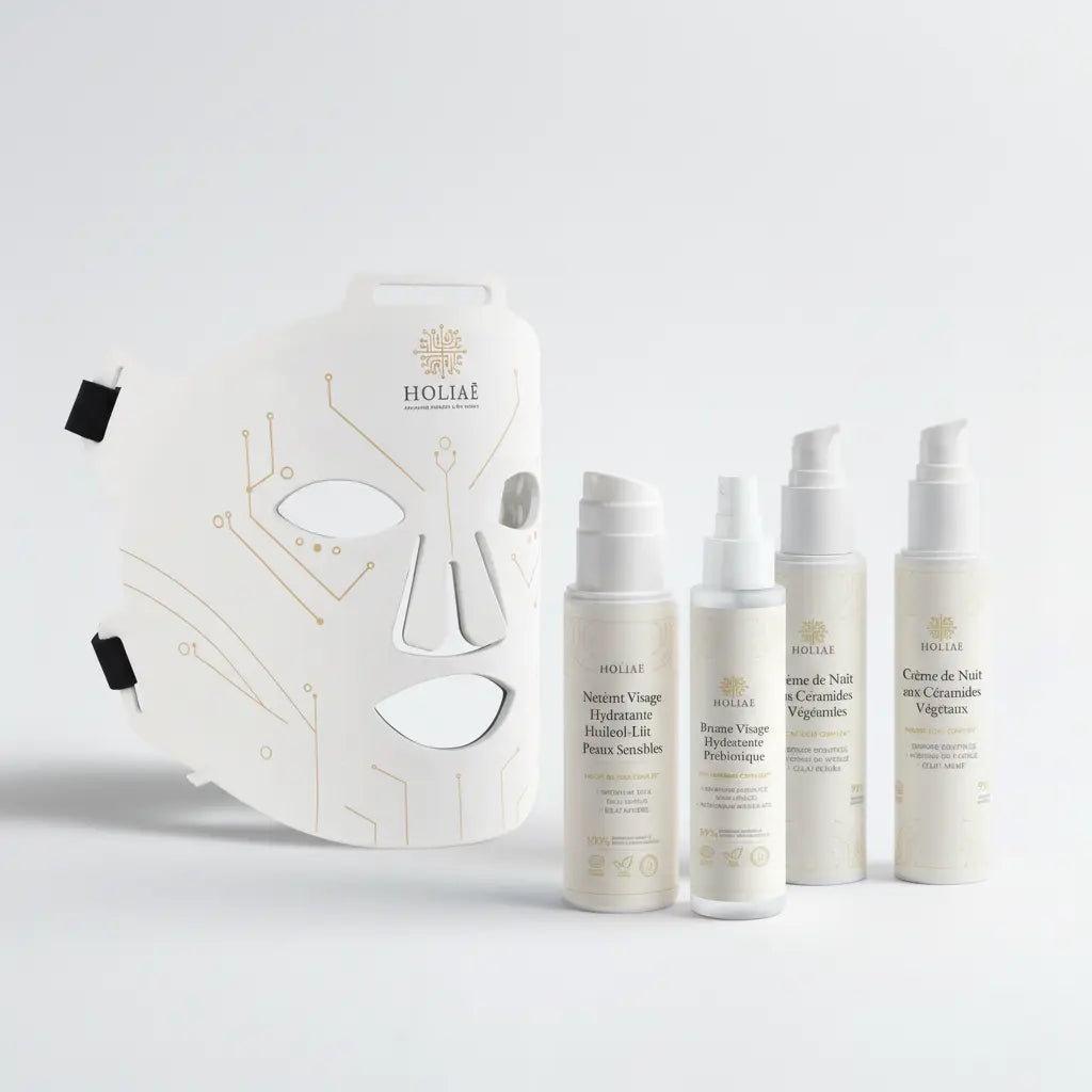 Cure LED intensive hydratante combinant masque LED et routine complète de soins pour restaurer le confort et l’équilibre cutané.