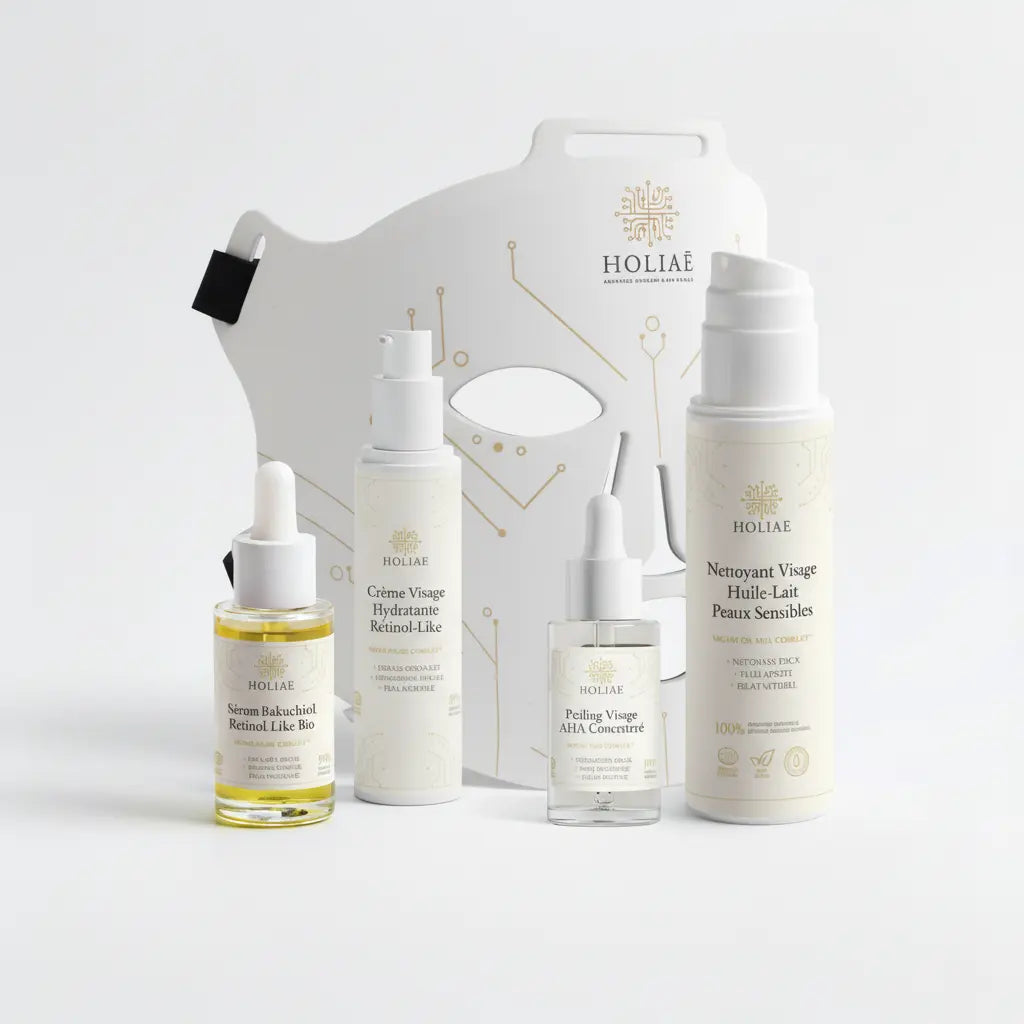 Cure LED intensive pour imperfections, pores visibles et excès de sébum, associant masque LED et routine complète de soins visage.