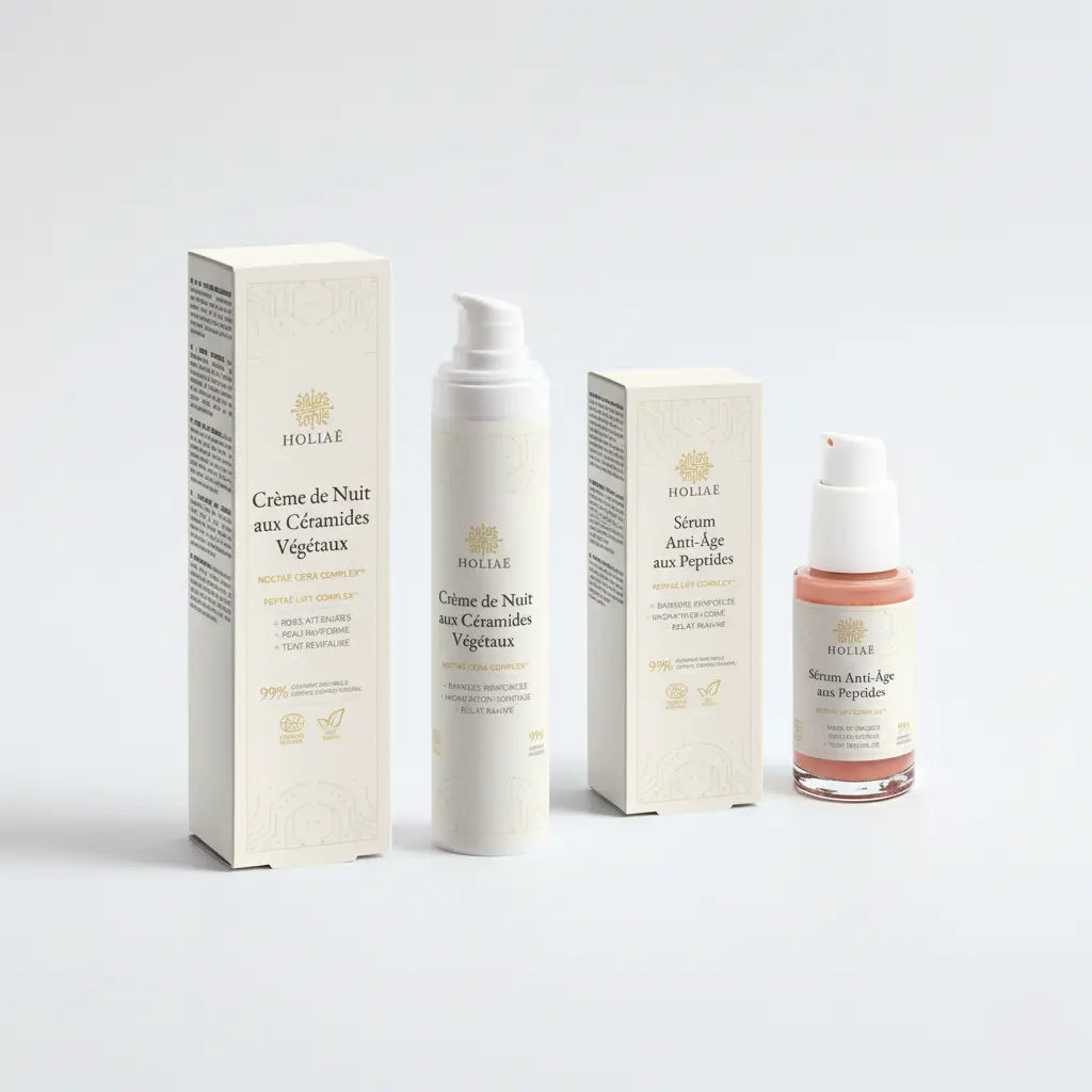 Duo de soins anti-âge et fermeté composé d’une crème de nuit aux céramides et d’un sérum aux peptides, présenté en pack skincare.